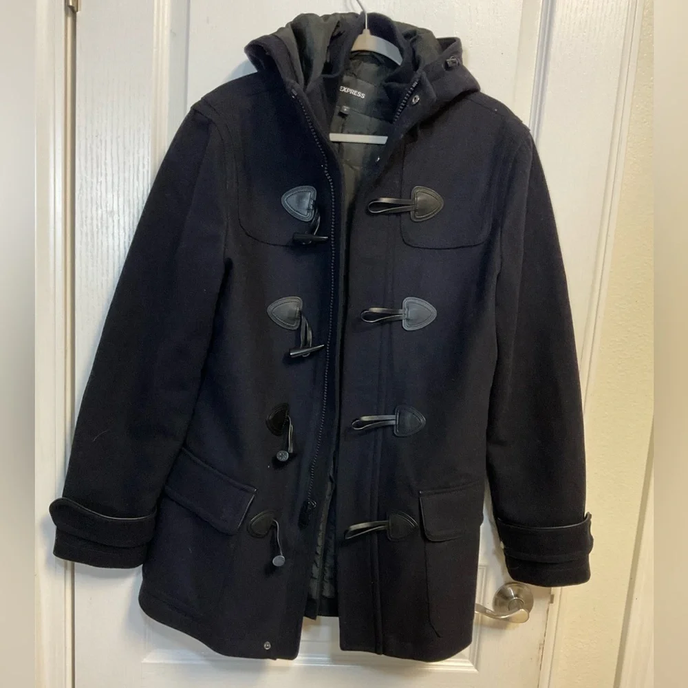 Express Men’s Black Wool Blend Toggle Hooded Coat Size S - Picture 6 of 11